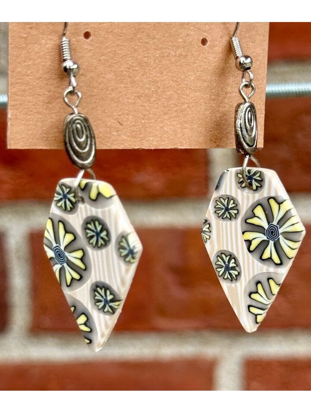 Handmade Polymer Clay Earrings Tan and Cream with Yellow and Purple Flowers - Picture 4 of 4
